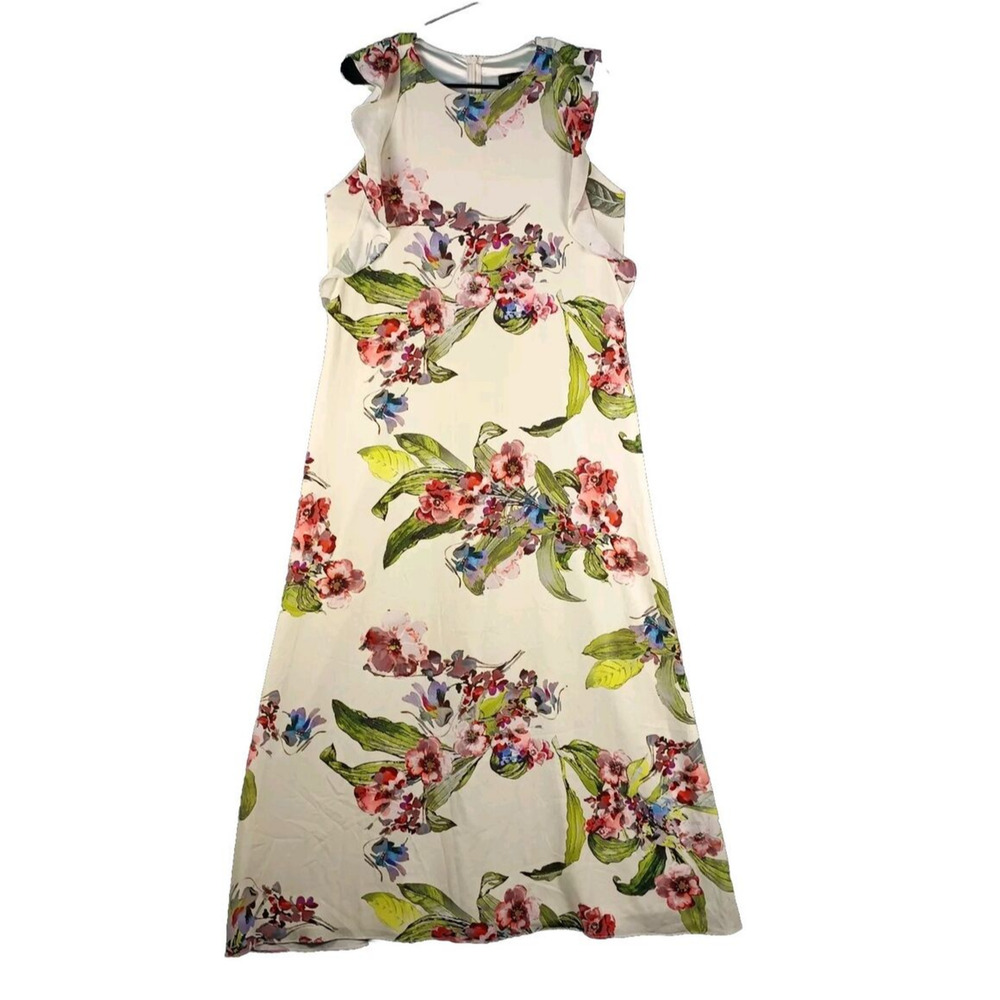 Eclipse Maxi Dress Size Medium Ivory Floral Ruffle Sleeve Sheath A Line Chiffon - Picture 3 of 7